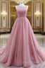 A-Line Pink Tulle Backless Beading Prom Dresses