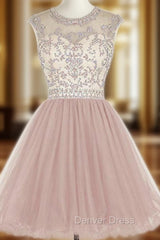 A-Line Pink Tulle Cap Sleeve Beading Sequins Homecoming Dresses