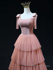 A Line Pink Tulle Long Prom Dresses, Pink Formal Graduation Dresses