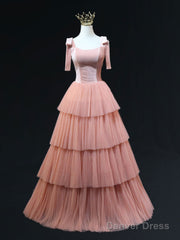 A Line Pink Tulle Long Prom Dresses, Pink Formal Graduation Dresses