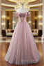 A-line Pink Tulle Off the Shoulder Beading Pleats Prom Dresses