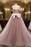 A-Line Pink Tulle Satin Spagehtti Straps Prom Dresses