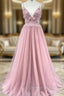 A Line Pink Tulle Spaghetti Straps Backless Beading Prom Dresses