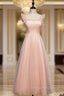 A-Line Pink Tulle Straps Ankle Length Prom Dresses