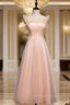 A Line Pink Tulle Straps Ankle Length Prom Dresses