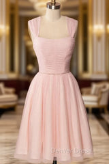 A-Line Pink Tulle Straps Pleats Beading Homecoming Dresses