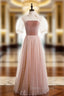 A-Line Pink Tulle Velvet High Neck Short Sleeve Prom Dresses