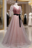 A Line Pink Tulle Velvet Long Prom Dress, Pink Prom Dresses