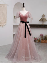 A-Line Pink Tulle Velvet Long Prom Dresses, Pink Formal Dresses