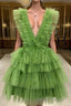 A Line Pink V Neck Tiered Homecoming Dress,Tulle Short Prom Dresses
