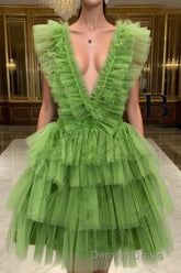 A Line Pink V Neck Tiered Homecoming Dresses,Tulle Short Prom Party Dresses