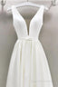 A-Line Plunge Neck Floor Length Satin Wedding Dresses