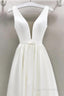 A Line Plunge Neck Floor Length Satin Wedding Dresses