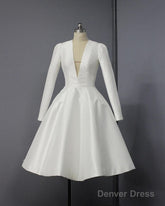 A-Line Plunge Neck Tea Length Satin Wedding Dress