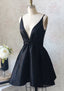 A Line Plunge V Back Black Taffeta Short Mini Homecoming Dresses