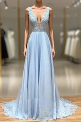 A Line Plunge V Neck Lace Chiffon Prom Dresses