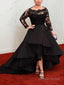 A Line Bateau Asymmetrical Satin Prom Dresses With Appliques Lace