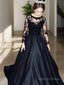 A Line Bateau Sweep Train Satin Prom Dresses With Pockets