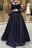 A Line Full Long Sleeve Bateau Long Floor Length Satin Prom Dresses With Appliqued