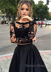 A-Line/Princess Full/Long Sleeve Bateau Long/Floor-Length Satin Prom Dresses With Appliqued