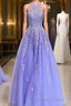 A Line Halter Floor Length Tulle Prom Dresses With Appliques Lace