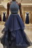 A Line Halter Floor Length Tulle Prom Dresses