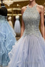 A Line Halter Floor Length Tulle Prom Dresses With Appliques Lace