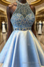A Line Halter Short Mini Satin Homecoming Dresses With Beading