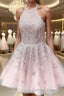 A Line Halter Short Mini Tulle Homecoming Dresses With Appliques Lace