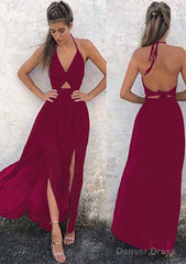 A-line/Princess Halter Sleeveless Ankle-Length Chiffon Prom Dresses With Split