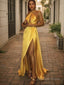 A Line Halter Sweep Train Silk like Satin Prom Dresses With Leg Slit