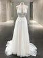 A-Line/Princess Halter Sweep Train Tulle Wedding Dresses With Appliques Lace