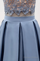 A-Line/Princess Lace & Satin Halter Cut-Out Back Prom Dress