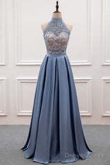 A-Line/Princess Lace & Satin Halter Cut-Out Back Prom Dress