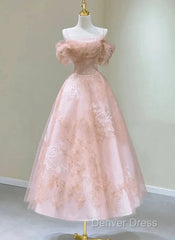 A-Line Princess Lovely Pink Tea Length Straps Tulle Formal Dresses Prom Dresses