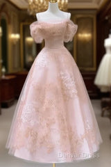 A-Line Princess Lovely Pink Tea Length Straps Tulle Formal Dresses Prom Dresses