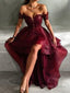 A Line Off The Shoulder Asymmetrical Organza Prom Dresses With Appliques Lace