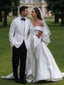 A Line Off The Shoulder Cathedral Train Satin Wedding Dresses