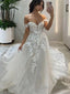 A Line Off The Shoulder Chapel Train Tulle Wedding Dresses with Appliques Lace