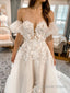 A Line Off The Shoulder Chapel Train Tulle Wedding Dresses With Appliques Lace
