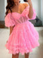 A Line Off The Shoulder Corset Short Mini Tulle Homecoming Dresses With Ruffles