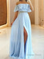 A Line Off The Shoulder Floor Length Chiffon Prom Dresses With Leg Slit