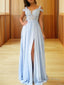 A Line Off The Shoulder Floor Length Chiffon Prom Dresses With Leg Slit