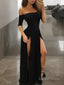 A Line Off The Shoulder Floor Length Jersey Prom Dresses With Leg Slit