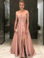 A Line Off The Shoulder Floor Length Satin Prom Dresses With Leg Slit