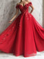 A Line Off The Shoulder Floor Length Tulle Prom Dresses With Appliques Lace