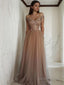 A Line Off The Shoulder Floor Length Tulle Prom Dresses With Flower