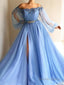 A Line Off The Shoulder Floor Length Tulle Prom Dresses With Leg Slit