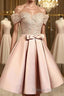 A Line Off The Shoulder Short Mini Satin Homecoming Dresses With Bow