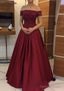 A Line Off The Shoulder Sleeveless Long Floor Length Elastic Satin Prom Dresses With Lace Pleated